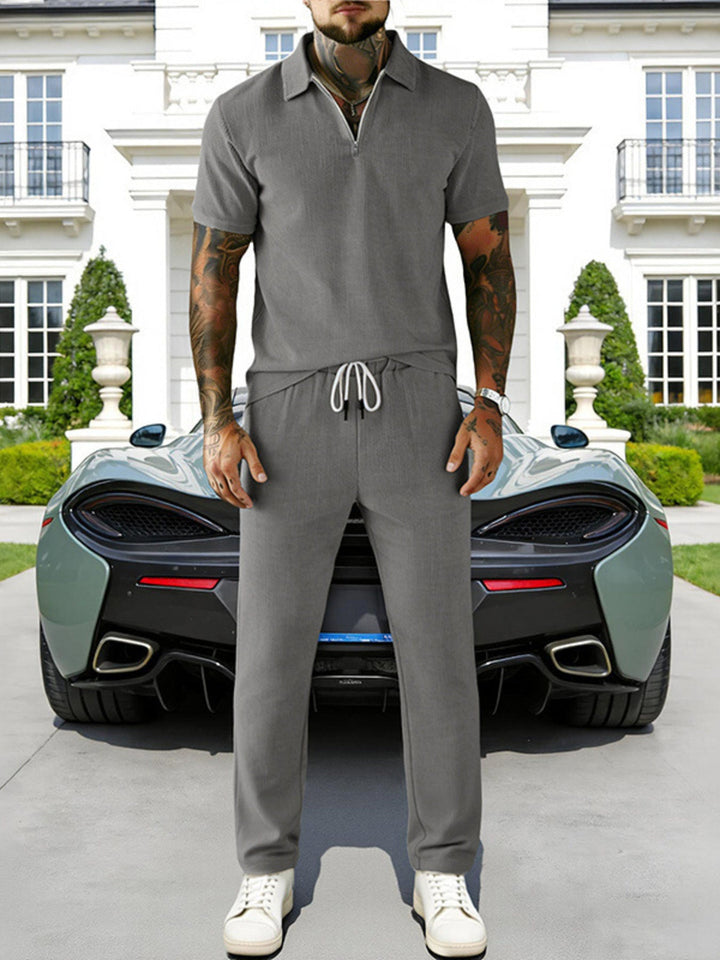 Men's Full Size Casual Zipper Polo Shirt and Drawstring Pants Set Plus Size