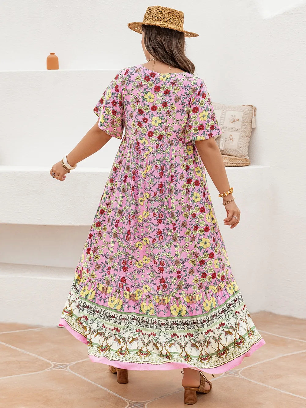 Plus Size Floral Tie Neck Flutter Sleeve Maxi Dress