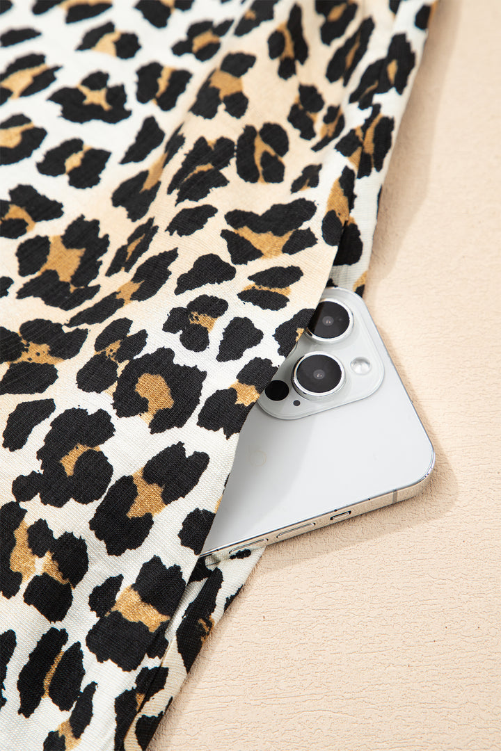 Multicolour Half Buttons Short Sleeve Loose Leopard Mini Dress with Pockets