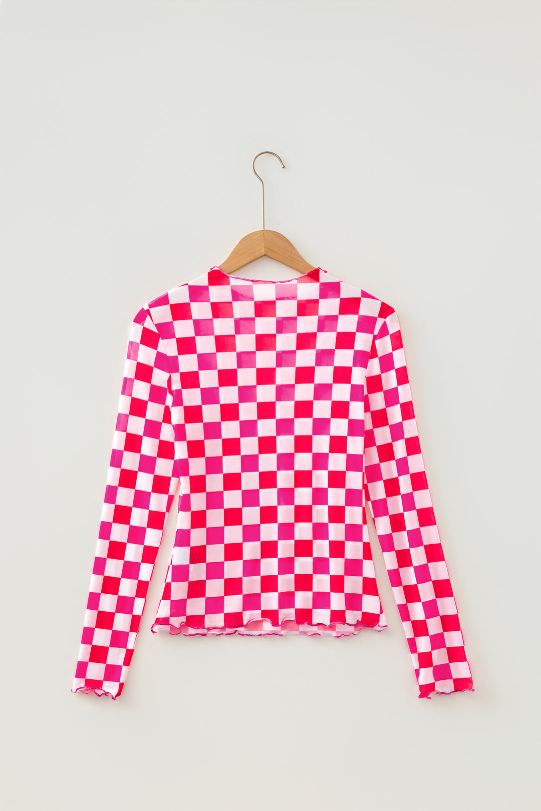 Rose Plaid Heart Mesh Sheer Long Sleeve High Neck Blouse