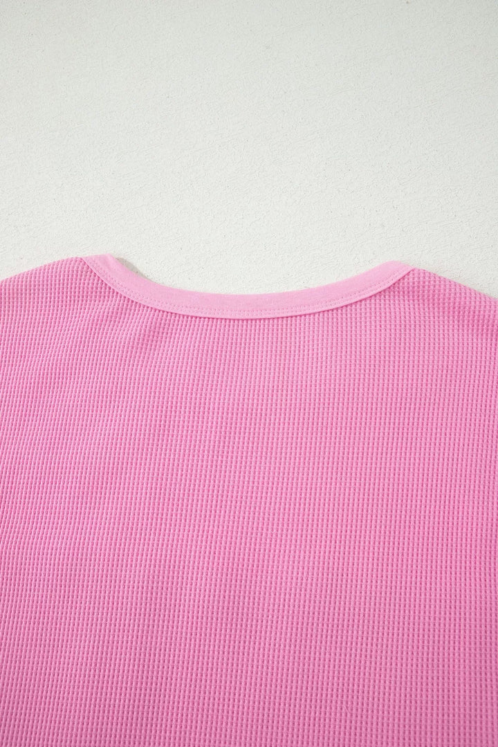Solid Color Raw Seam Waffled Patchwork Casual T Shirt