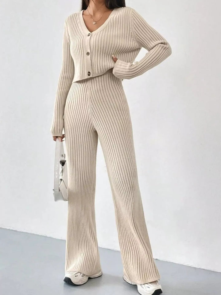 Ribbed Knit Button Up Top and Pants Set