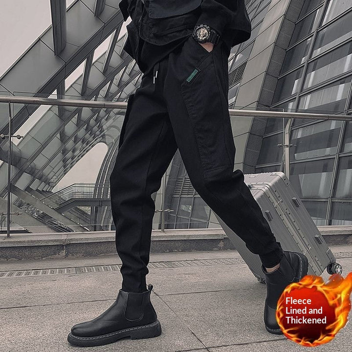 Mens Fleece-Lined Extra-Thick Slim-Fit Cargo Pants With Drawstring Hems