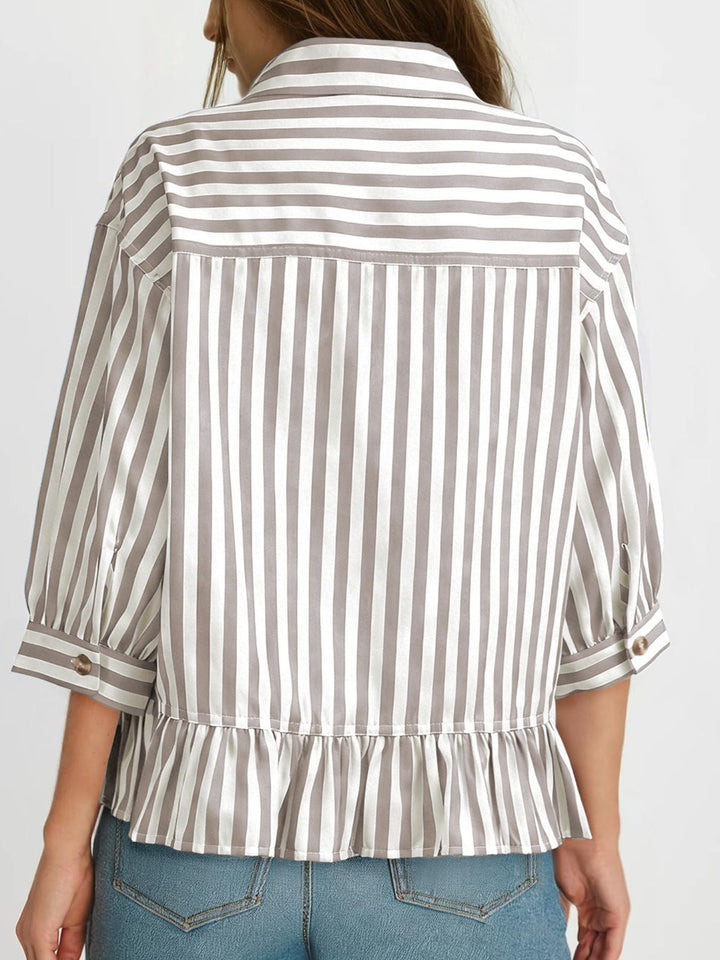 Striped Ruffle Hem Button-Down Shirt