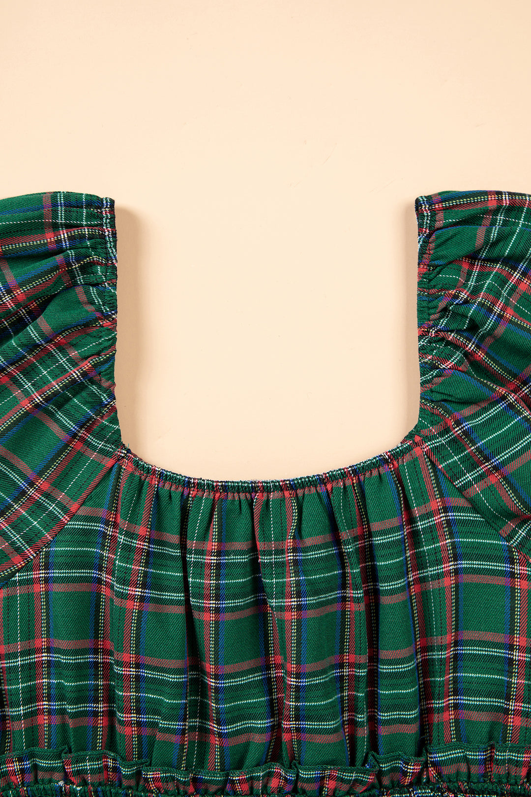 Green Plaid Shirred U Neck Short Sleeve Mini Dress