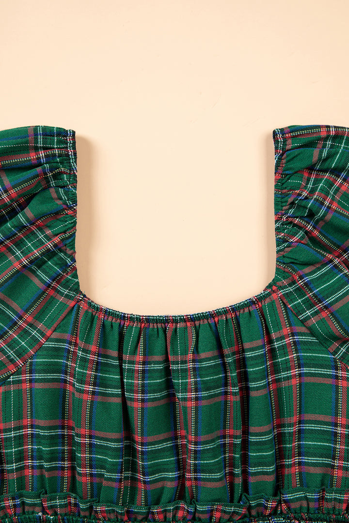 Green Plaid Shirred U Neck Short Sleeve Mini Dress