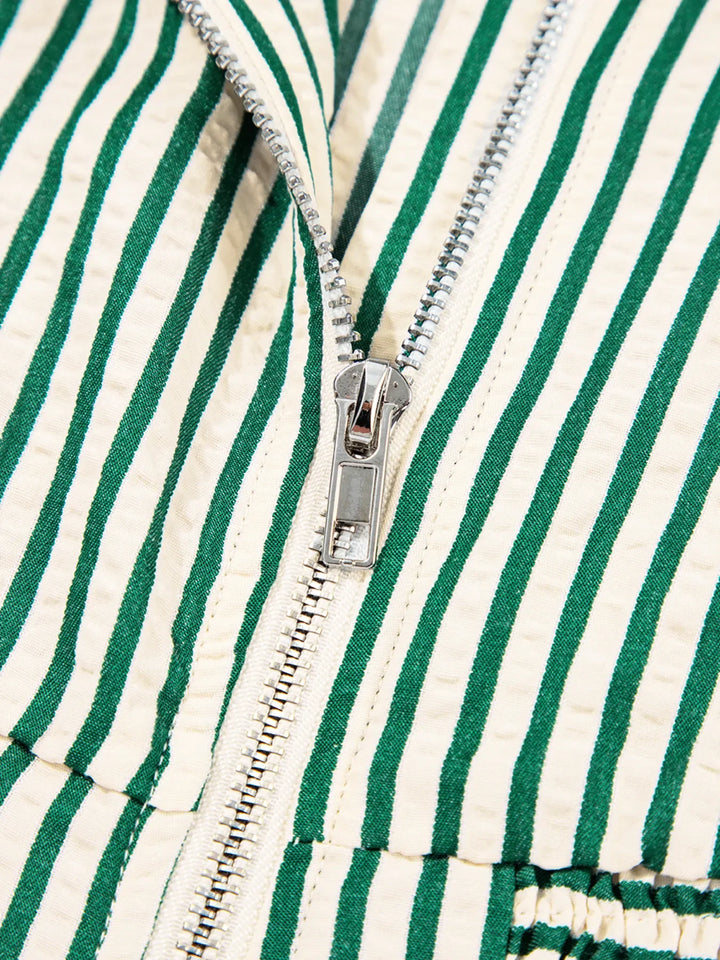 Stripe V Neck Zip Front Cinched High Waist Midi Dress