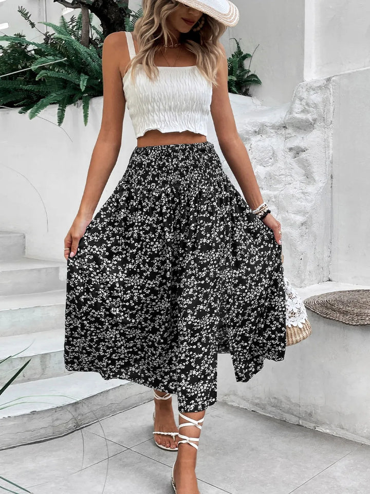 Slit Smocked Printed Skirt
