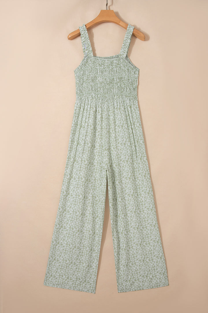 Green Smocked Bodice Square Neck Sleeveless Floral Jumpsuit