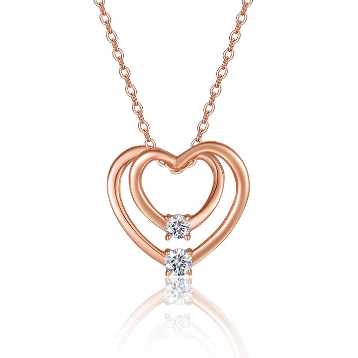 S925 Sterling Silver Rose Gold Double Heart Necklace, D-VVS1 Moissanite Pendant, 40&455cm Adjustable Chain, Women's Jewelry Gift Box With GRA Certificate