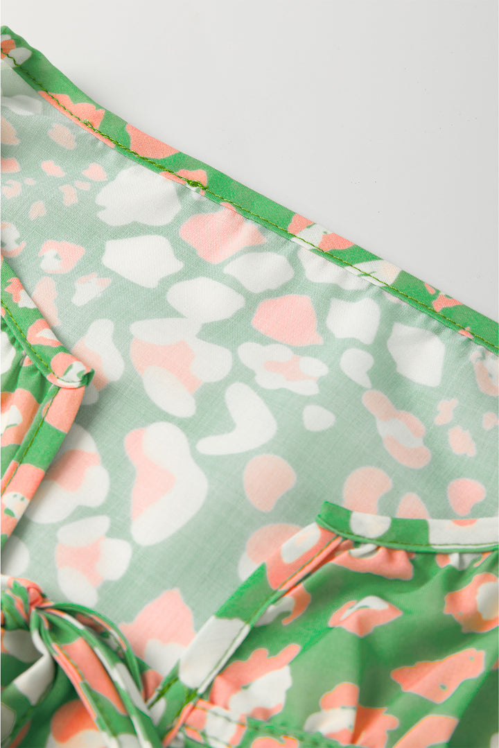 Green Abstract Leopard Tied Front Flutter Sleeve Blouse
