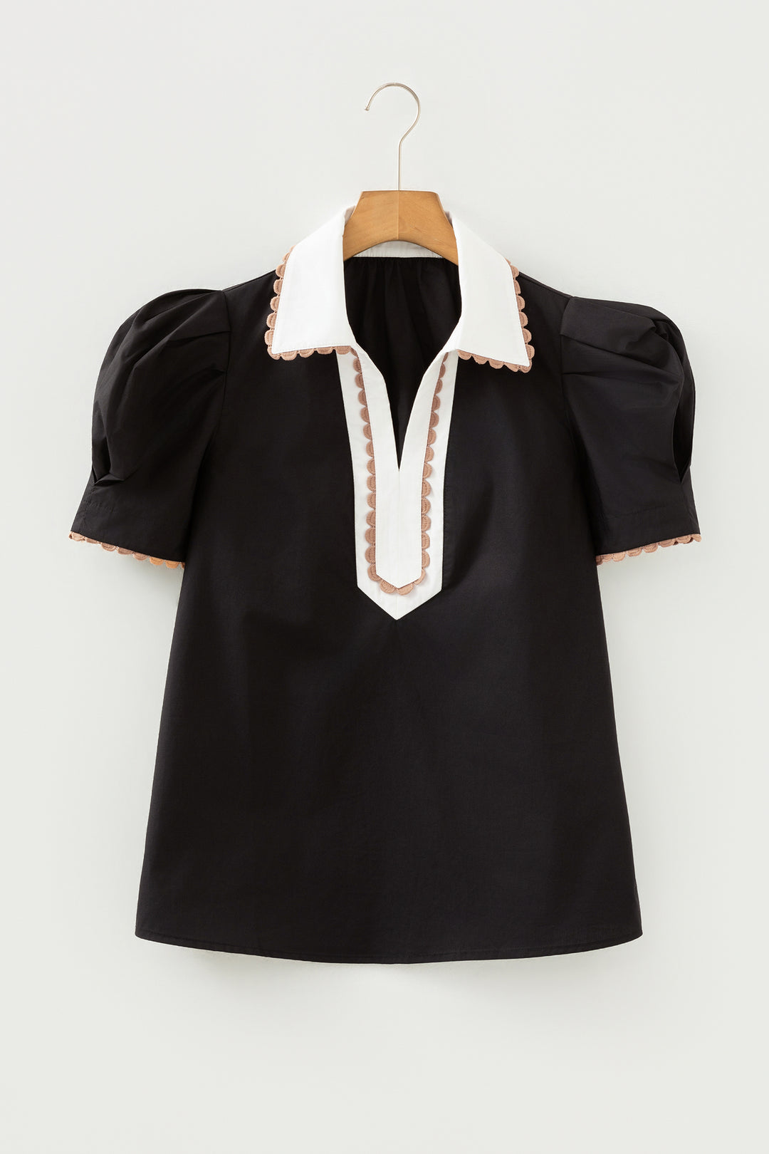 Black Ricrac Trim Color Block Patchwork Shirt Collar Short Sleeve Blouse