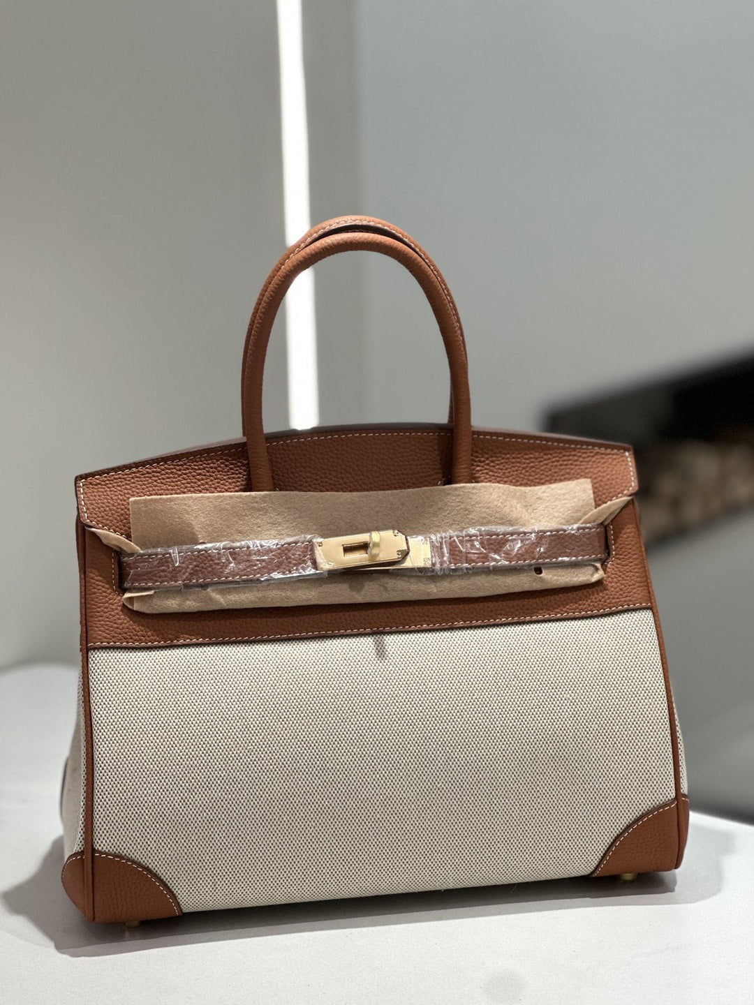 New Cross-border Genuine Leather Birkin Bag, Cowhide With Fabric Large Tote, Commuter Handbag With A High-end Kelly Bag Feel