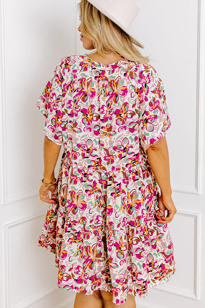 White Abstract Print V Neck Short Sleeve Ruffled Plus Size Mini Dress