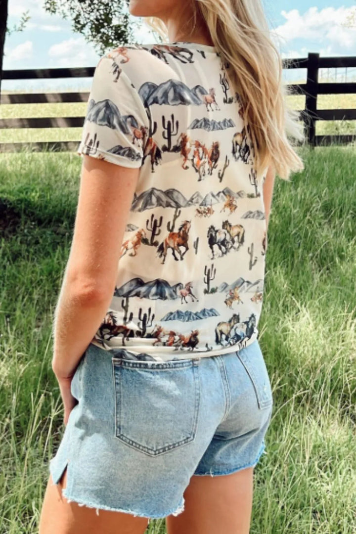 Western Fashion Mustang River Printed Mesh T Shirt