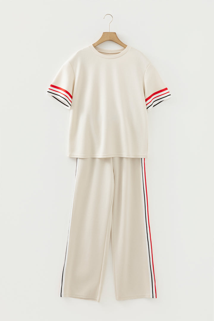 Jet Stream Contrast Striped Trim Crewneck T Shirt Loose Straight Pants Set