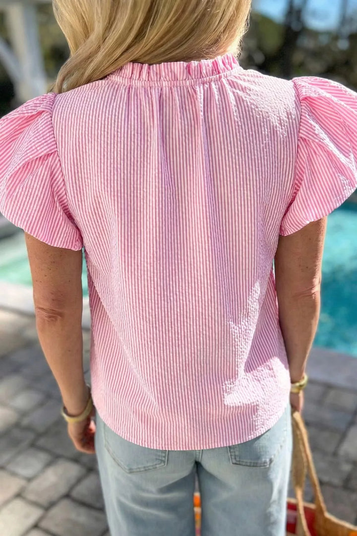Stripe Short Bubble Sleeve Split V Neck Blouse