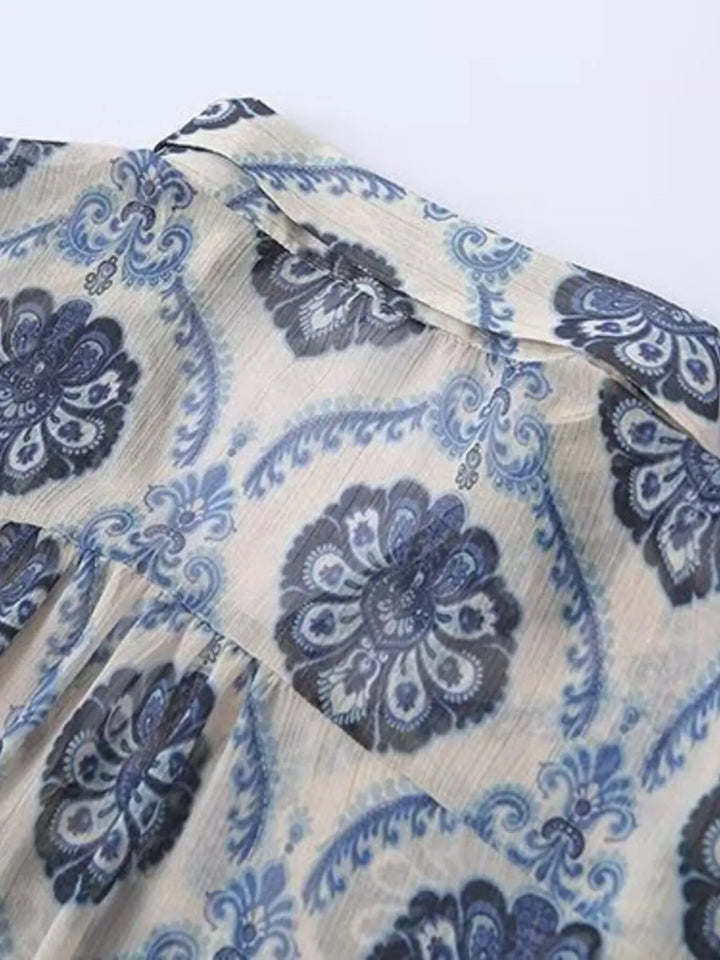Printed Button Up Long Sleeve Dress