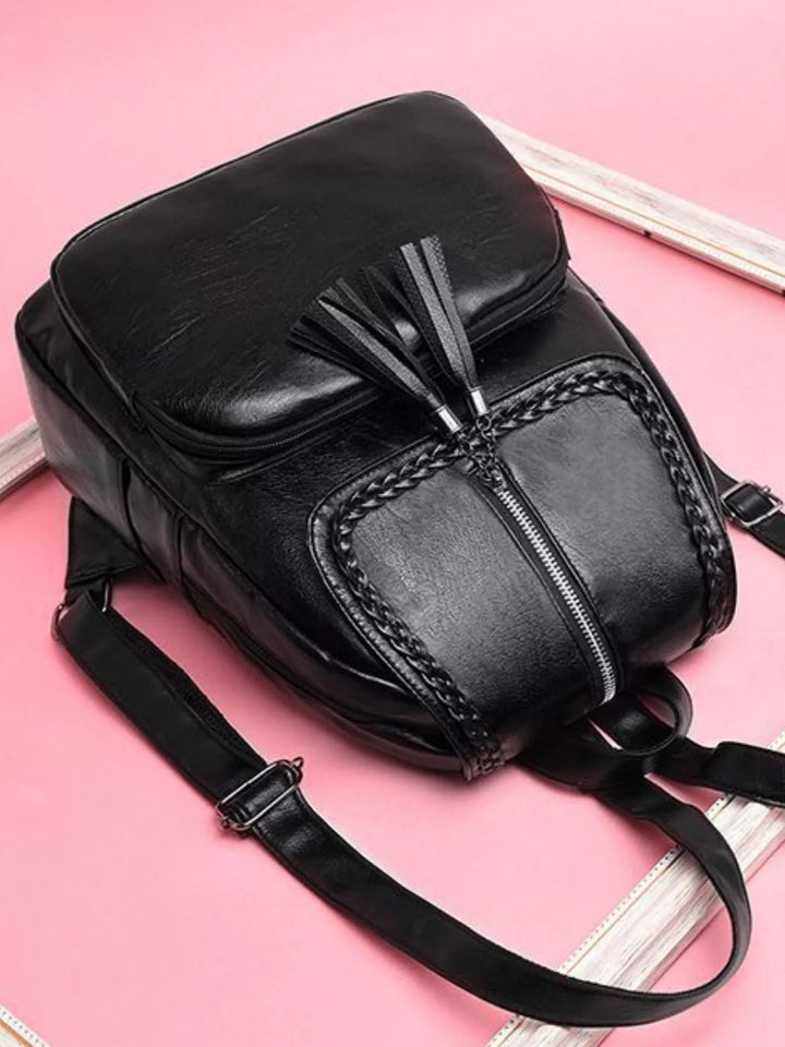 Braided Trim Leather Backpack Bag