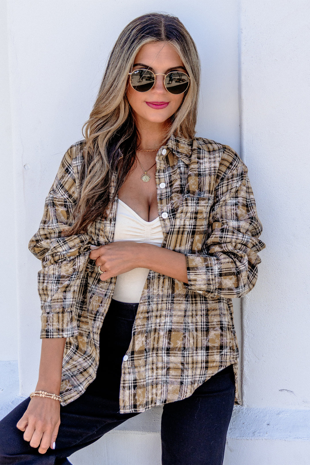 Brown Retro Plaid Long Sleeve Button Down Shirt