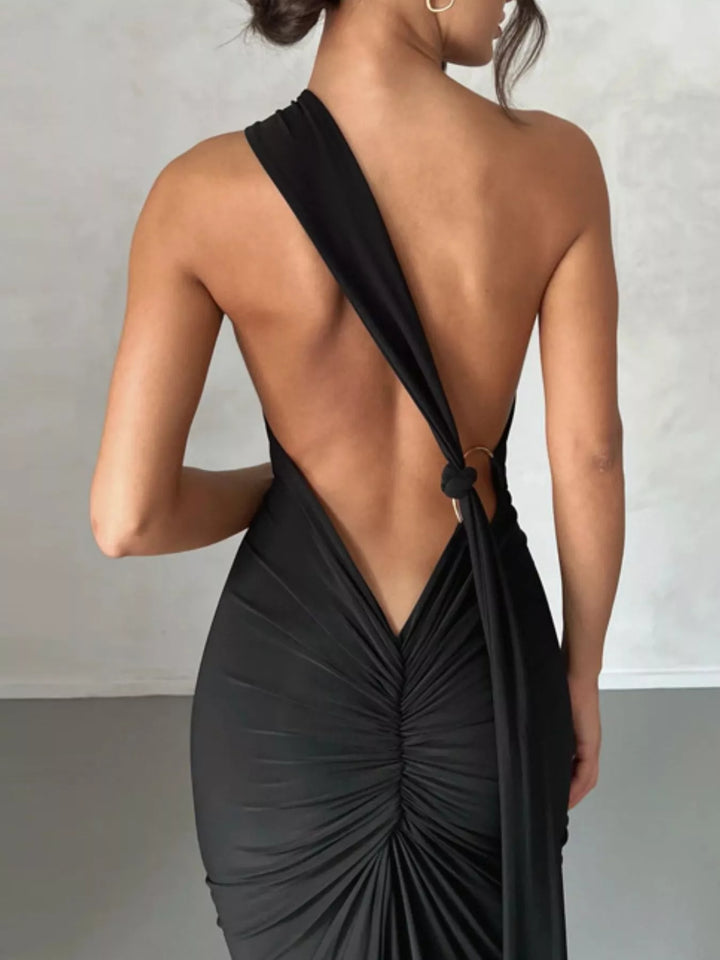 Backless One-Shoulder Ruched Bodycon Maxi Dress