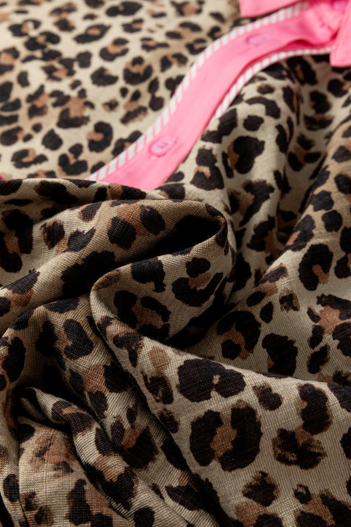 Leopard Print Contrasted Trim Animal Short Sleeve Shirt