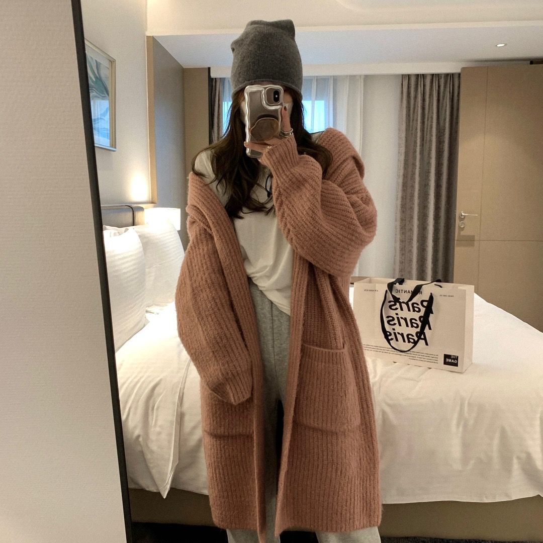 Womens Solid-Color Loose Hooded Sweater Jacket