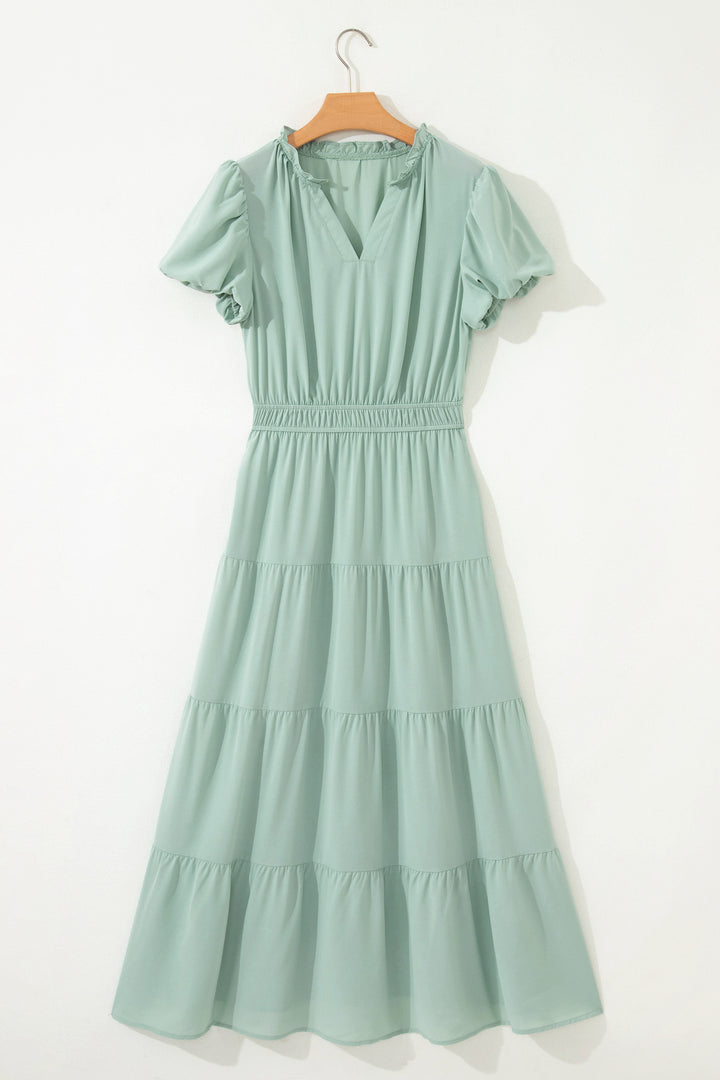 Clearly Aqua Solid Color V Neck Short Puff Sleeve High Waist Tiered Maxi Dress