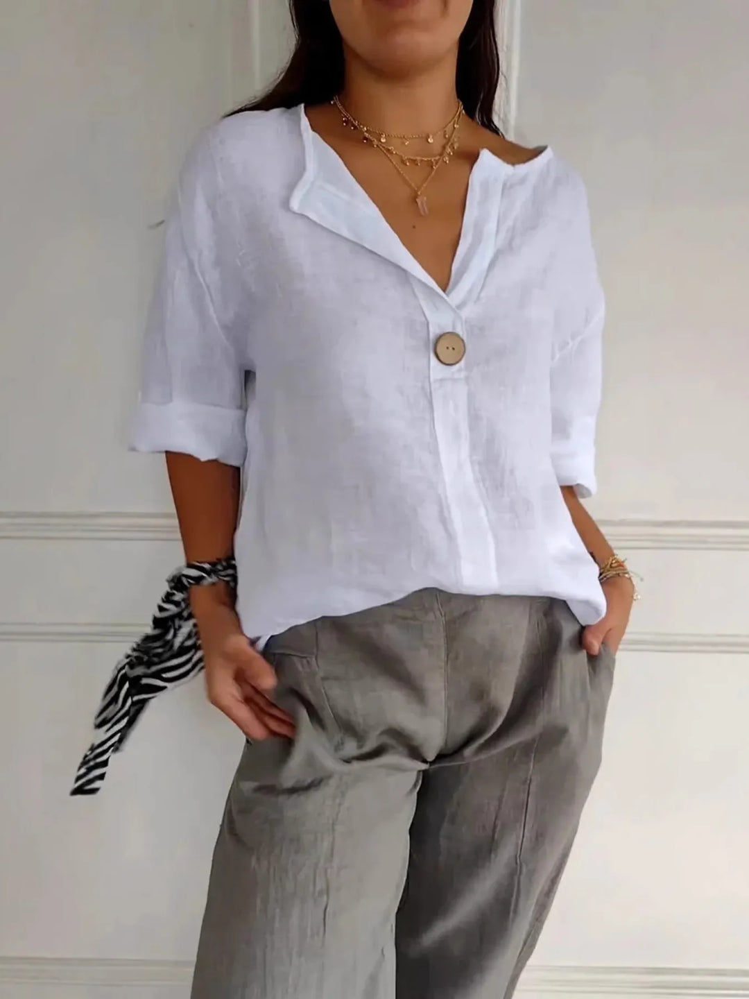 Full Size Casual Notched Drop Shoulder Blouse Plus Size