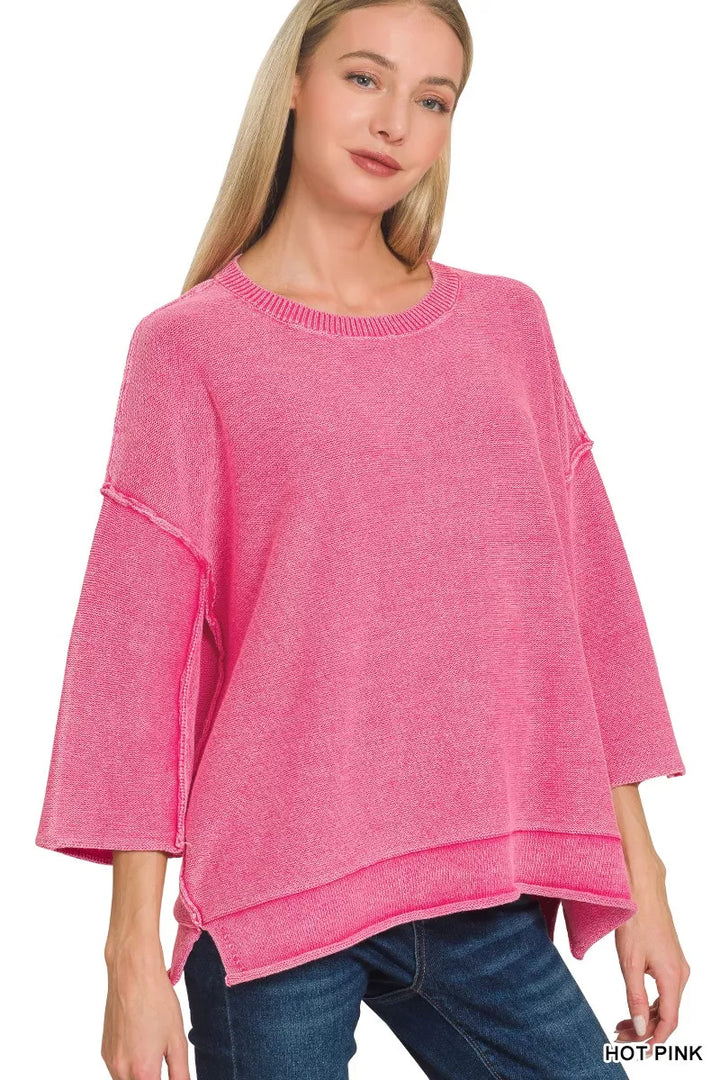 Zenana Washed 3/4 Sleeve Boxy Sweater