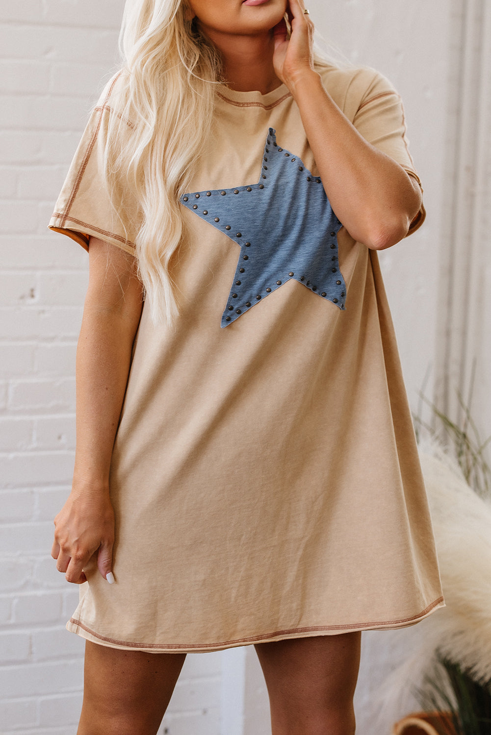 Pale Khaki Mineral Wash Stud Beaded Star Graphic Pocketed T Shirt Dress