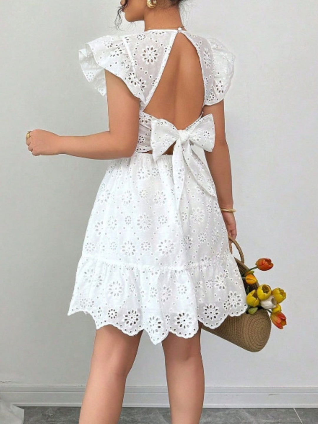 Eyelet Ruffle Sleeve Mini Dress