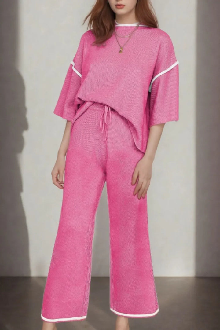 Contrast Trim Round Neck Top and Pants Set
