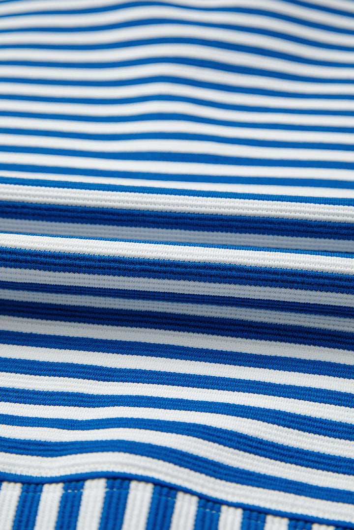 Blue Stripe Quarter Zip Collar Pullover Long Sleeve Top