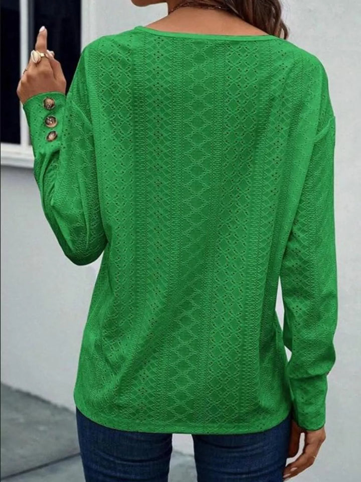 Eyelet V-Neck Long Sleeve Blouse