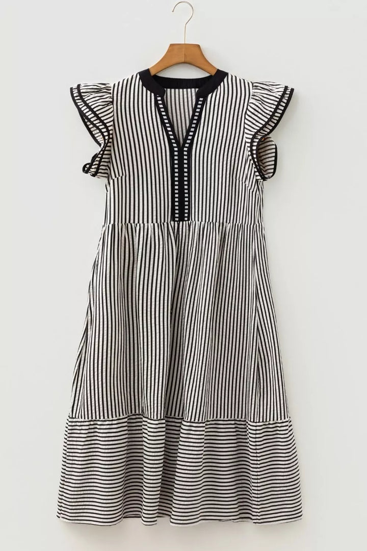 Striped Ruffle Sleeve Tiered Midi Dress