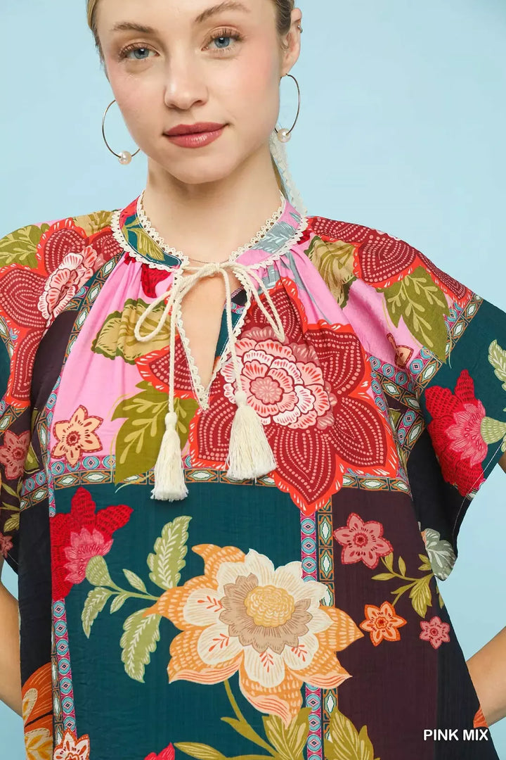 Umgee Mix Floral Patchwork Tassel Tie Top