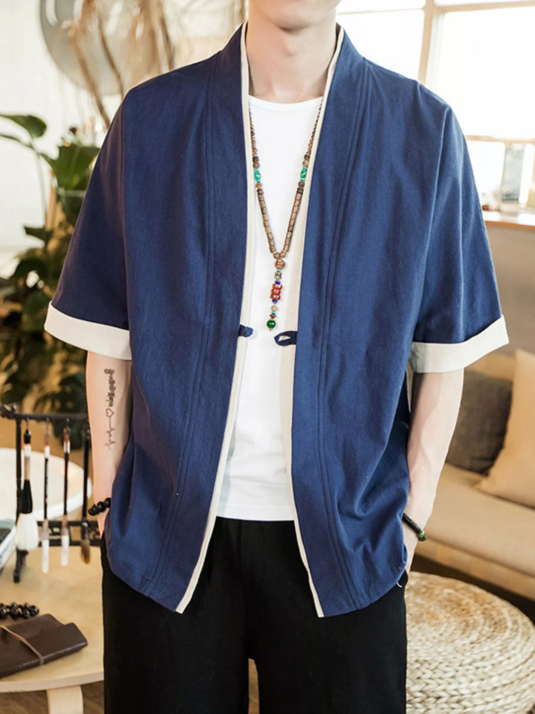 Men's Plus Size Contrast Trim Half Sleeve Shirt
