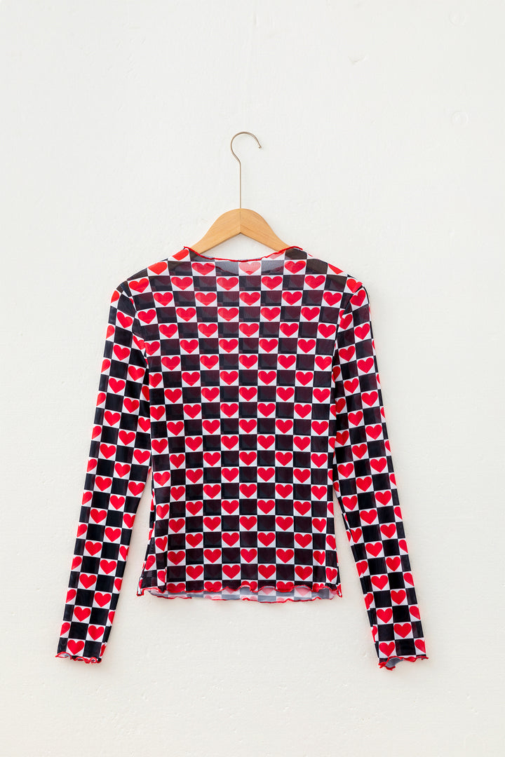 Rose Plaid Heart Mesh Sheer Long Sleeve High Neck Blouse