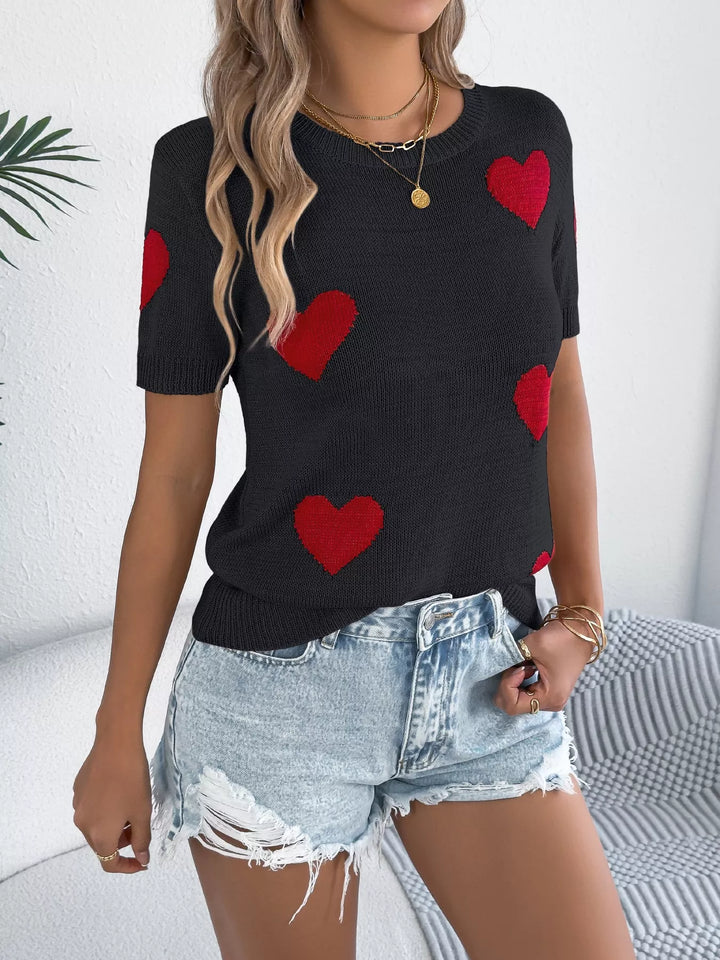 Heart Pattern Short Sleeve Knit Top