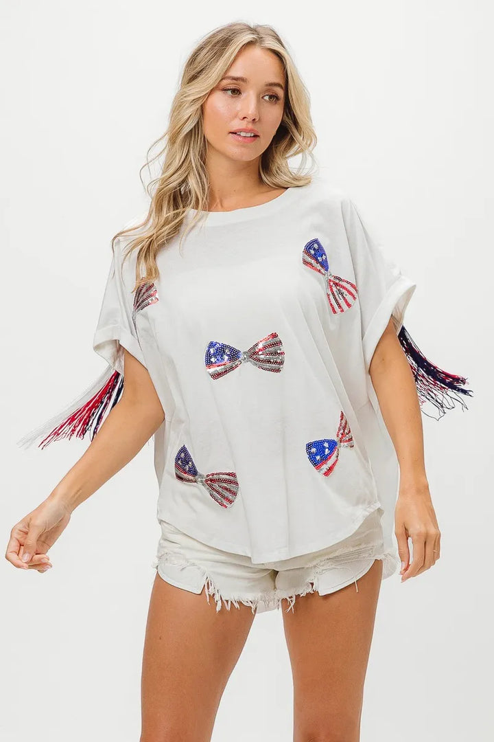 BiBi American Flag Sequin Ribbon T-Shirt