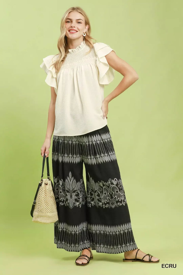 Umgee Smocked Ruffle Sleeve Textured Top