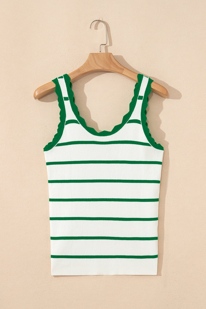 Bright Green Striped Scalloped Edge U Neck Sleeveless Sweater Vest