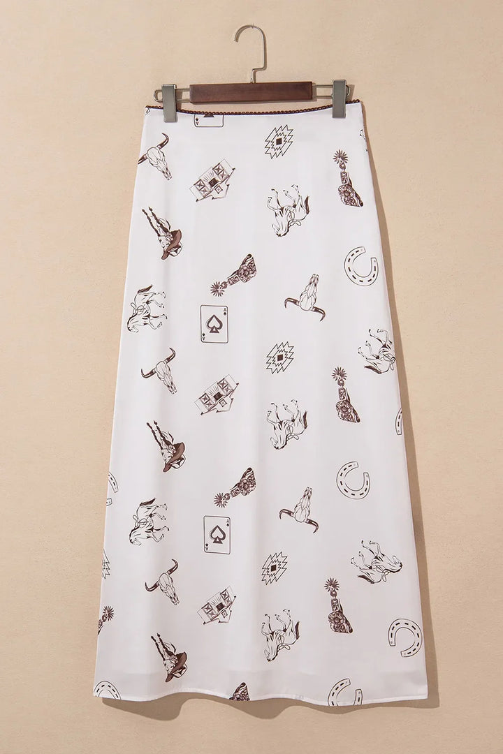 Western Print Satin Long Skirt
