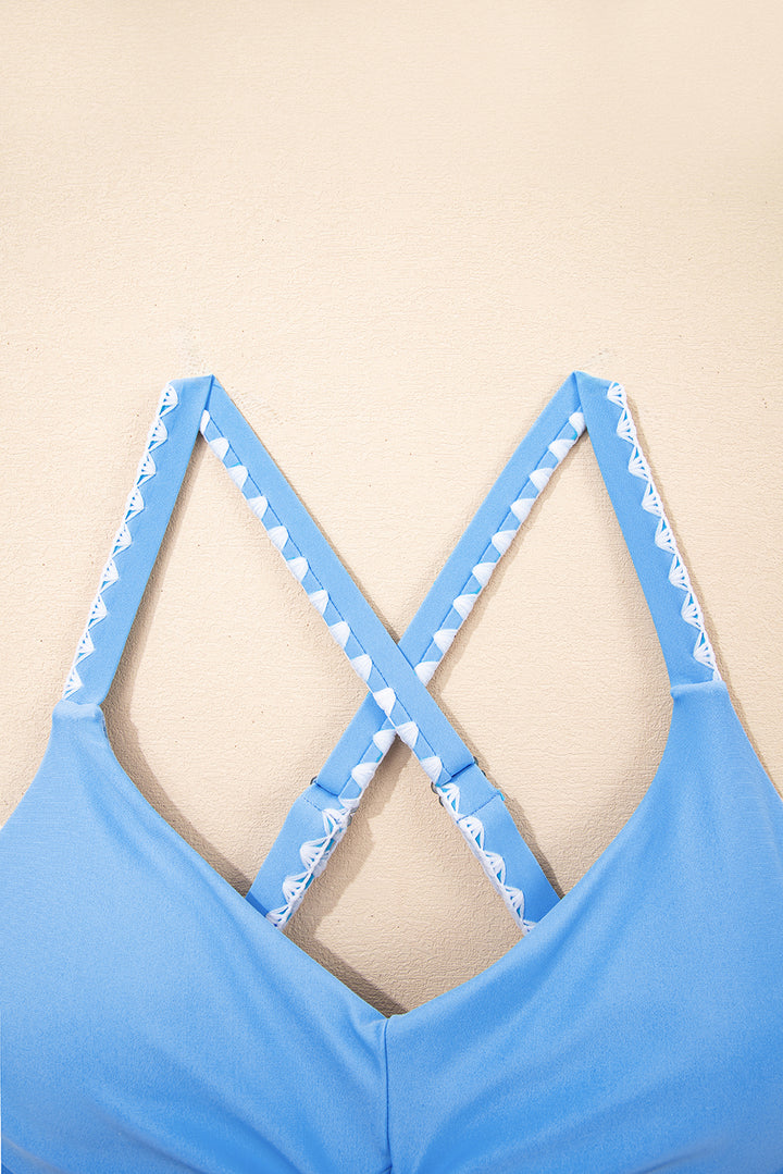 Beau Blue Ric Rac 飾邊撞色拼布鏤空連身泳衣