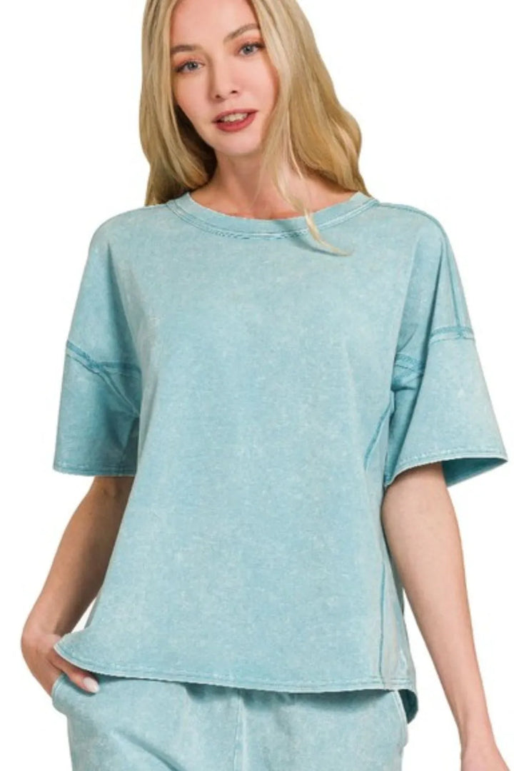 Zenana Acid Washed Short Sleeve Tee & Shorts Set