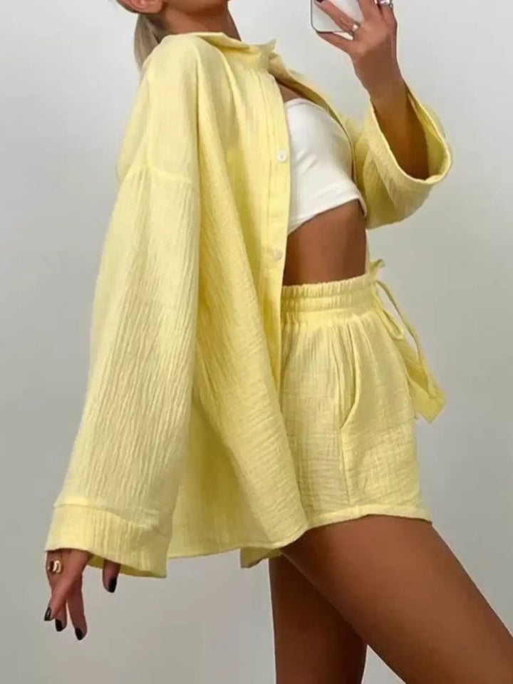 Texture Button Up Shirt and Shorts Set