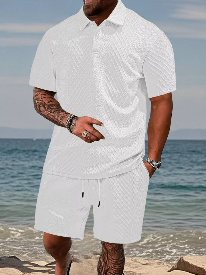 Men's Full Size Textured Knit Polo Shirt & Shorts Set Plus Size