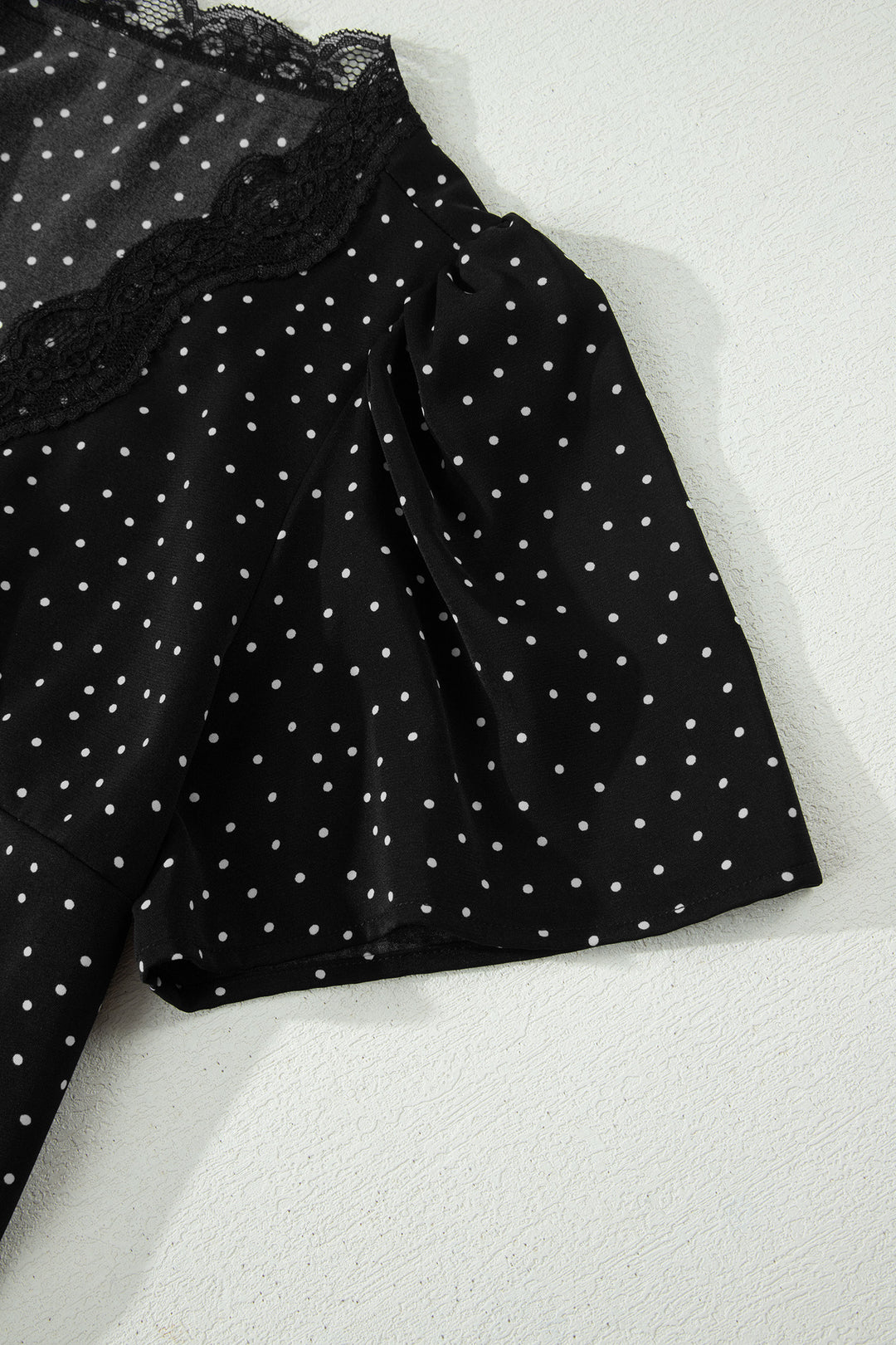 Black Polka Dot Print Lace Trim Wrap Mini Dress
