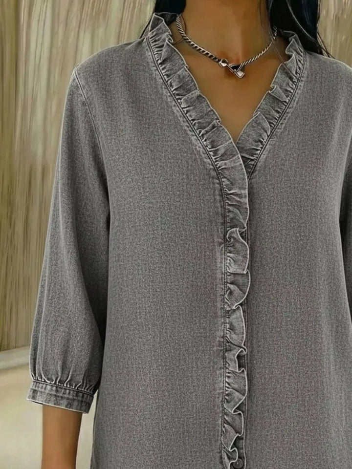 Full Size V-Neck Ruffled Button Down Shirt Plus Size